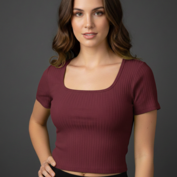 Women's Cotton Ribbed Scoop Neck Crop Top | Slim Fit Half Sleeve Solid Maroon Tee
