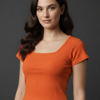 Women's Cotton Ribbed Scoop Neck Crop Top | Slim Fit Half Sleeve Solid Orange Tee