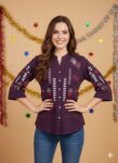 Women Printed Cotton Embroidery Mandarin Collar Shirt Style Top | Maroon