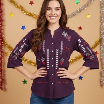Women Printed Cotton Embroidery Mandarin Collar Shirt Style Top | Maroon