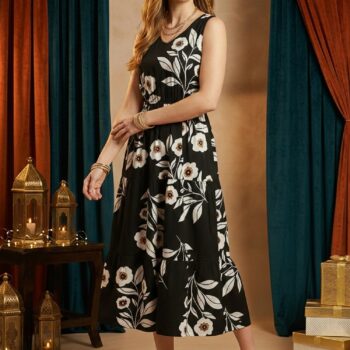 Women Full Length One Piece Floral Print Wrap V Neck | A-Line Fit & Flare Dress for Girls & Ladies