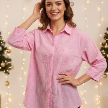 Cloth Bites Cotton Formal Embroidery Shirts for Women | Pink