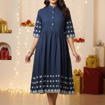 Embroidered Fit & Flare Midi Dress for Women - Blue