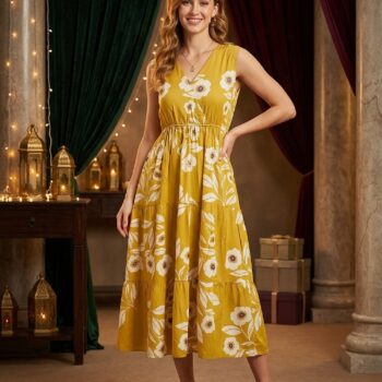 Western Dress for Women Full Length One Piece Floral Print Wrap V Neck | A-Line Fit & Flare Long Dress for Girls & Ladies