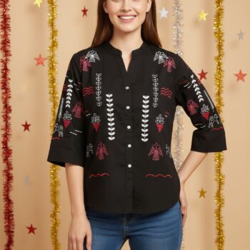 Women Printed Cotton Embroidery Mandarin Collar Shirt Style Top | Black