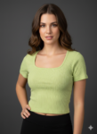 Women's Cotton Ribbed Scoop Neck Crop Top | Slim Fit Half Sleeve Solid Green Tee