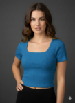 Women's Cotton Ribbed Scoop Neck Crop Top | Slim Fit Half Sleeve Solid Blue Tee