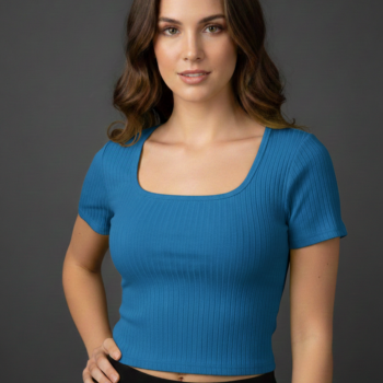 Women's Cotton Ribbed Scoop Neck Crop Top | Slim Fit Half Sleeve Solid Blue Tee