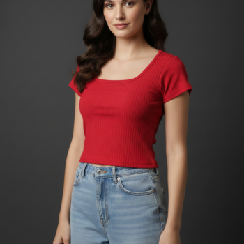 Women's Cotton Ribbed Scoop Neck Crop Top | Slim Fit Half Sleeve Solid Red Tee