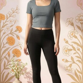 Women's Cotton Ribbed Scoop Neck Crop Top | Slim Fit Half Sleeve Solid Grey Tee