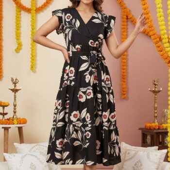 Women Full Length One Piece Floral Print Wrap V Neck | A-Line Fit & Flare Dress for Girls & Ladies