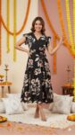Women Full Length One Piece Floral Print Wrap V Neck | A-Line Fit & Flare Dress for Girls & Ladies