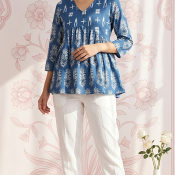 Women Printed Print Ethnic Cotton Top | Blue