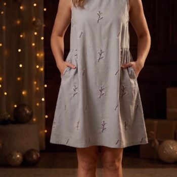 Women's Pastel Grey Embroidered Midi Dress | Sleeveless Cotton Casual A-Line Dress with Pockets | Summer Flare Dress for Women